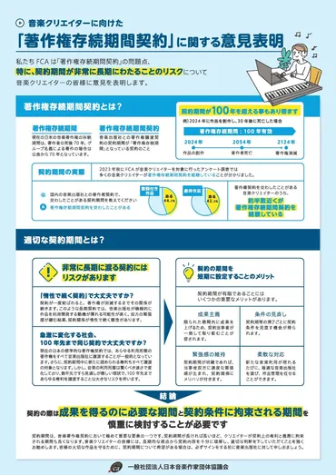 FCA(日本音楽作家団体協議会)が音楽クリエイターの著作権に関するリーフレットを作成して啓発活動を実施しています