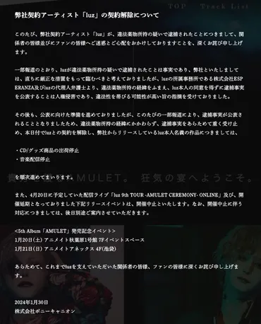 ポニーキャニオン、歌い手luzと契約解除 違法薬物所持で逮捕は事実