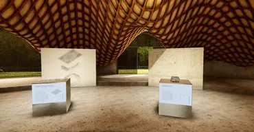 デジタルデザインの文脈で近年再評価が進む建築家 葉祥栄の、シドニーでの建築展「Revisiting Shoei  Yoh」の会場写真など。同時開催のVR展覧会では、葉作品゛内住コミュニティセンター゛のデジタルツインがつくられ、資料や模型が展示される 